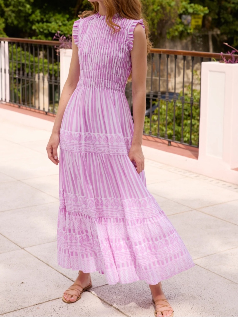 Oliphant Sleeveless Smocked Maxi Dress in Lilac Stripe